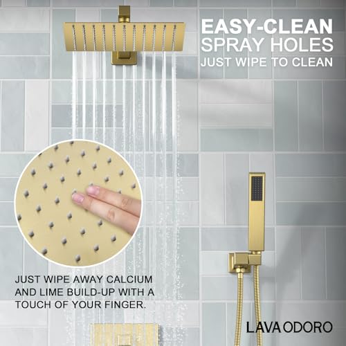 Lava Odoro Modern 2-Setting Square Shower System with Rain Shower Head and Handheld Spray Gold, Rainfall Shower Faucet Set Gold, Shower Valve and Trim Kit, Brushed Gold, SF103-SG - color: Brushed Gold, style: Without Tub Spout