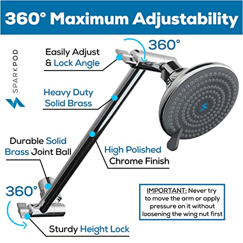 SparkPod 11" Extension Arm, Adjustable Height & Angle, Polished Chrome | Adjustable Height & Angle, Sturdy Lock, Universal Connection, Transform your showers into rain shower experience - color: 1 - Luxury Polished Chrome, style: 11 Inch Adjustable