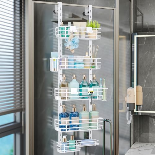 Consumest Over The Door Shower Caddy - 5 Tier Adjustable Shower Organizer Hanging with 2 Toothbrush Holders & 4 Hooks, Rustproof Organizer Shelf, Storage Rack for Bathroom, White - color: White, size: 5-Tier