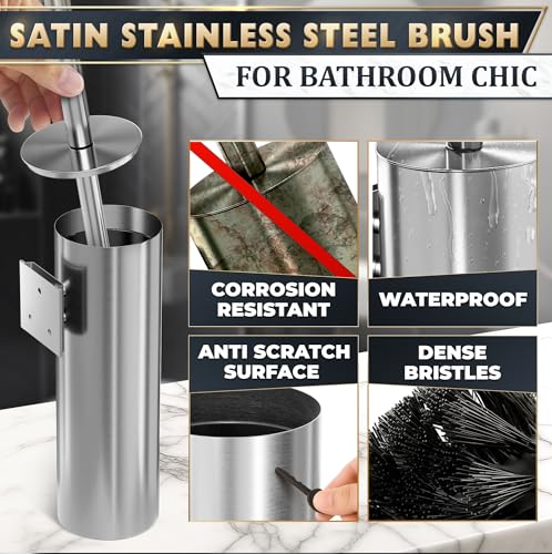 Wall Mounted Toilet Brush and Holder Set, Stainless Steel (Silver) | Stainless Steel Toilet Brush and Holder Set, Removable Inner Bowl, Dense Bristles, Rustproof, for Modern Bathroom Walls - color: Silver Wall-mounted