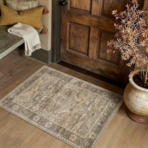 2x3 Entryway Rug Brown Washable Vintage Rugs for Entryway Kitchen | Soft Low Pile Non-Slip Indoor Door Mat Traditional Distressed Small Throw Rugs for Kitchen Entrance Bathroom - color: Brown, size: 2'*3'(Rectangular)