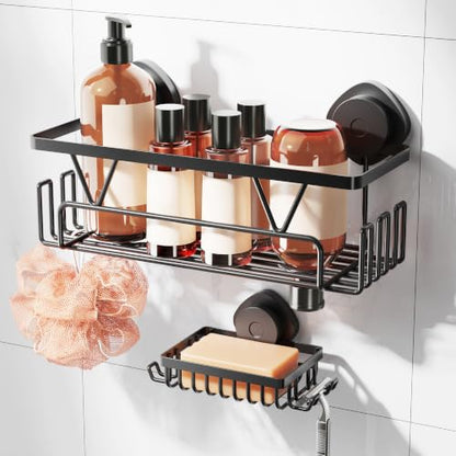 KEGII Suction Cup Shower Caddy Shower Organizer Shelf Bathroom Storage | 2 Pack Stainless Steel No Drill Shower Suction Shelf with Soap Holder & Hooks, Shampoo Holder Bathroom Basket, Black - color: Matte Black
