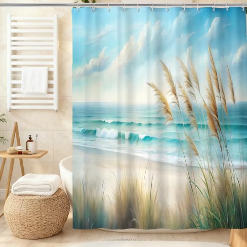 Ocean Sea Beach Shower Curtain, Coastal Sandy Shower Curtains for Bathroom, Light Blue Nature Blossom Waterproof Polyester Fabric Shower Curtain Set with Hooks, Standard Size 72 x 72 inches - color: Light Blue