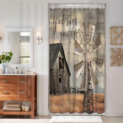 Retro Inspirational Quotes Vintage Shower Curtain Sets for Bathroom,Western Windmill Barn Door Shower Curtains, Small Size Farmhouse RV Bath Curtains for Campers with Hooks 36X70IN - color: Pattern 3, size: 36"W x 70"L (Pack of 1)