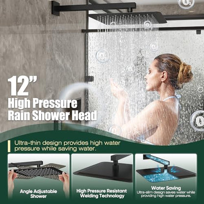 Gabrylly Rain Shower Head with Handheld Spray Combo, 12", Matte Black | All Metal Shower System, High Pressure Rainfall Shower Faucet Set, Solid Brass Shower Valve Complete Shower Set for Bathroom - color: Matte Black, size: 12 Inch