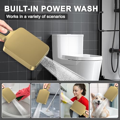 Iriber Thermostatic Shower System with Adjustable Water Flow Push Button Diverter, Square Dual Shower Heads Faucet Set with Handheld Spray, Brushed Gold Shower Mixer Valve Trim Kit (Valve Included) - color: Brushed Gold 05