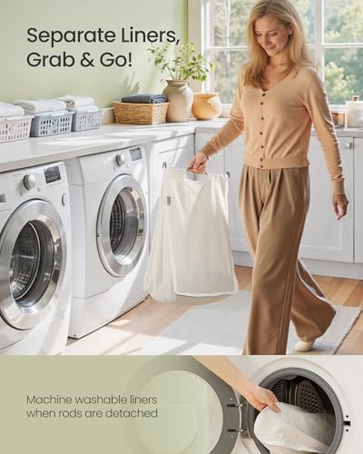 SONGMICS Laundry Hamper 2 Sections, 34.3 Gal. (130 L) Handwoven Water Hyacinth Wicker Laundry Basket with Lid, Natural Material, Removable Machine Washable Liners, Handles, Natural ULCB202Y01 - color: Natural, size: 130 L (Handwoven）