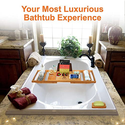 Bamboo Bathtub Caddy Tray Expandable for Luxury Bath, Bathtub Tray with Wine Glass Holder, Phone Stand and Book Holder, Adjustable Bath Tub Organizer Tray for Bathroom