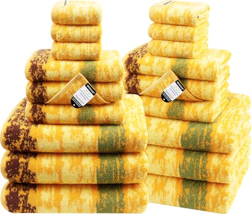 SEMAXE 18-Piece Cotton Bath Towel Set for Bathroom, Colorful Striped | Stock-up towel set for family bathrooms, guest baths, multi-bath homes, and wash-day rotation, OEKO-TEX certified, easy care - color: C05: Colorful - Wheatfield
