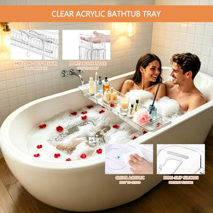 Expandable Bathtub Tray Caddy,Clear Acrylic Bath Tray for Tub,Bath Tub Table Tray with Book&Tablet&Phone Holder,Foldable Bath Shelf Over Tub,Bath Accessories&Bathtub Organizer for Luxury Home Spa
