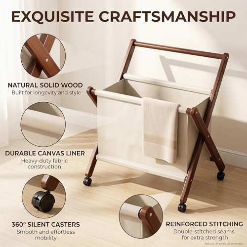 Foldable laundry cart with X-Frame – Small Bamboo wood laundry hamper | Laundry Hamper on Wheels, Collapsible Space Saving, Removable Cotton Liner, For Bathroom, RV, Dorm