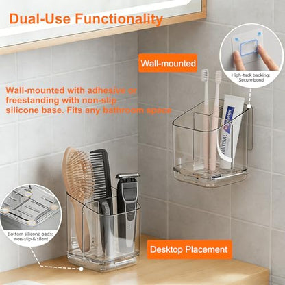 Toothbrush Holder Wall Mounted, 3 Slot Detachable Organizer with Divider and Toothpaste Holder for Electric and Manual Toothbrushes, Makeup Brush in Bathroom (Gray)