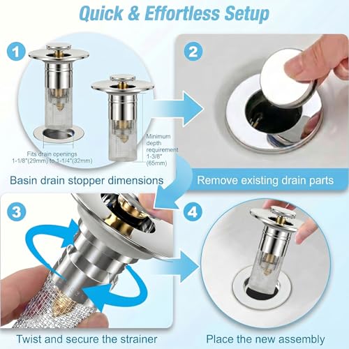 2PCS Bathroom Sink Drain Strainer, Pop-up Stopper Hair Catcher with Stainless Steel Filter Basket, Universal Replacement Drain Plug for Bathroom Sinks