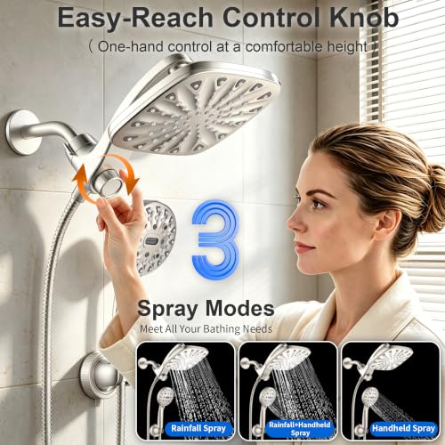 Dual Rainfall Shower Head With Handheld Showerhead, High Pressure Shower Head With Handheld Spray Combo, 8-Mode Showerhead with Adjustable Extension Arm, 71 Inch Hose & Suction Cup Holder, Starlight - color: Starlight