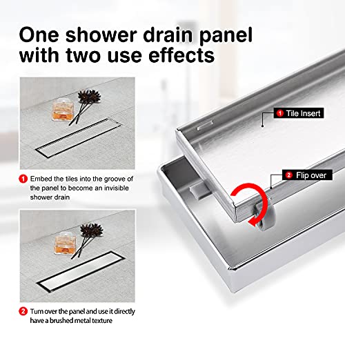SaniteModar Linear Shower Drain 12 inch Brushed with Tile Insert Panel | AISI 304 Stainless Steel Brushed Linear Dain Rectangle Shower Floor Drain with Hair Strainer and Leveling Feet - color: Tile Insert Grate, size: 12 Inch