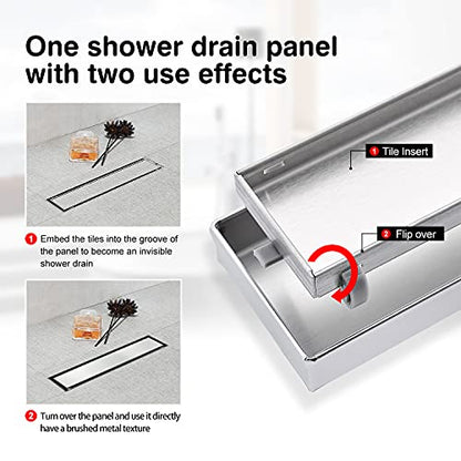 SaniteModar Linear Shower Drain 12 inch Brushed with Tile Insert Panel | AISI 304 Stainless Steel Brushed Linear Dain Rectangle Shower Floor Drain with Hair Strainer and Leveling Feet - color: Tile Insert Grate, size: 12 Inch