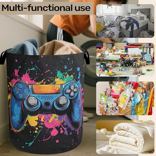 Laundry Basket, Dirty Clothes Basket, Gamers Controller Foldable Canvas Laundry Hamper with Handles - Toy Organizer, Heavy Duty for Home, Bedroom, Dorm, Bathroom - color: Gamers Controller