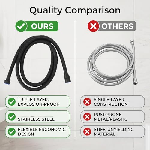 59in Shower Hose, 3 Layers Pressure Stainless Steel Flexible Long Shower Hose with Hot Cold Nozzles, Universal Fit for Bathroom Replacement (Black) - color: Black