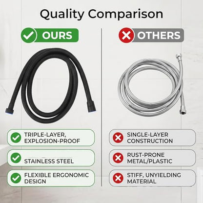59in Shower Hose, 3 Layers Pressure Stainless Steel Flexible Long Shower Hose with Hot Cold Nozzles, Universal Fit for Bathroom Replacement (Black) - color: Black