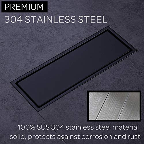 304 Stainless Steel Linear Shower Floor Drain with Tile Insert Grate Removable Cover 12 inch Long Rectangle, Matte Black Plated Finish