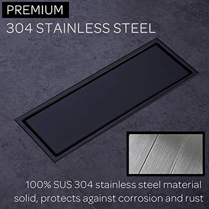 304 Stainless Steel Linear Shower Floor Drain with Tile Insert Grate Removable Cover 12 inch Long Rectangle, Matte Black Plated Finish