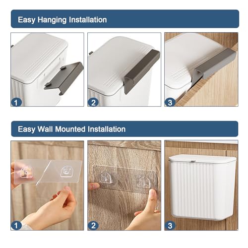 Kitchen Compost Bin Cabinet Hanging Small Trash Can with Lid 2.4 Gallon | Food Waste Bin for Counter Top Under Sink Rv Wall Mounted Bathroom Trash Can - color: white