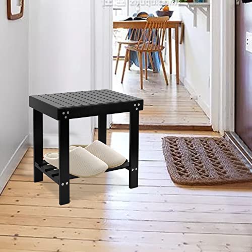 VaeFae Bamboo Spa Bench Seat Stool Foot Rest Shaving Stool with Non-Slip Feets Storage Shelf for Shampoo Towel,Works in Bathroom/Living Room/Bedroom/Garden Leisure (Black) - size: Black 17.3" x 11" x 16.1"