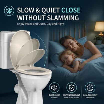 Round Toilet Seat Almond 16.5 Inch, Soft Close Toilet Seat, Quiet No Slam Toilet Lid, Easy Install & Quick Release, Durable PP Plastic, Easy Clean, Fits Most Standard Round Toilets, Almond - color: Almond, size: without toddler seat 1 Pack