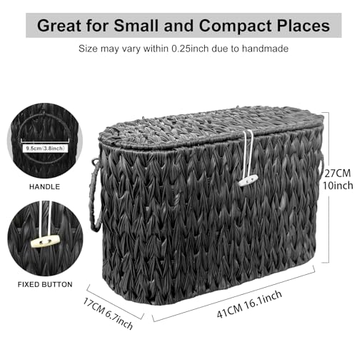 Coeusy Black Toilet Paper Basket with Lid,Wicker Toilet Paper Storage Stand,Large Narrow Bathroom Towel Basket Mega Roll Container Bin for Toilet Tank,Floor - color: Black
