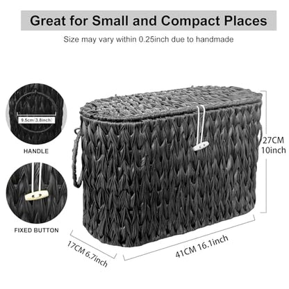 Coeusy Black Toilet Paper Basket with Lid,Wicker Toilet Paper Storage Stand,Large Narrow Bathroom Towel Basket Mega Roll Container Bin for Toilet Tank,Floor - color: Black
