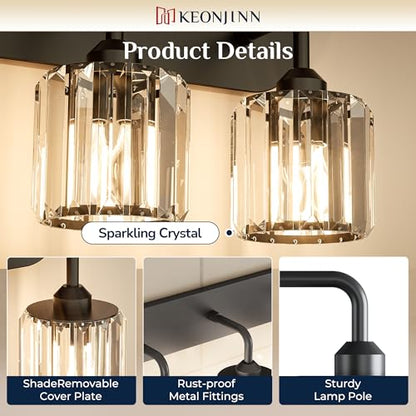 Keonjinn 6-Light Bathroom Light Fixtures, Crystal Black Bathroom Vanity Lights Over Mirror, Vanity Lighting Fixtures with Crystal Square Shades (E26 Socket, Exclude Bulb) - color: Black, size: 6-Light