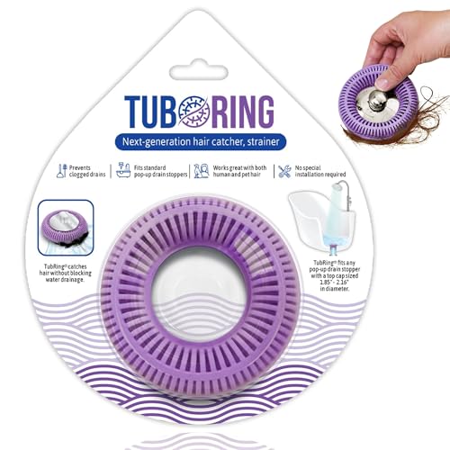 TubRing Pop-Up Drain Protector & Strainer Silicone Hair Catcher, Violet | Easy snap-in design fits around bathtub stoppers. Customizable utility guard for clog prevention. Fits 1.85"- 2.16" drains. - color: Violet
