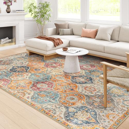Lahome Moroccan Washable Area Rugs 8x10, 8x10 Rugs for Living Room Bedroom, Non Slip Low Pile Distressed Stain Resistant Rug for Kids Pets High Traffic Areas Elise, Burnt Orange - color: Burnt Orange/Teal Multi, size: 8' X 10' (Rectangular)