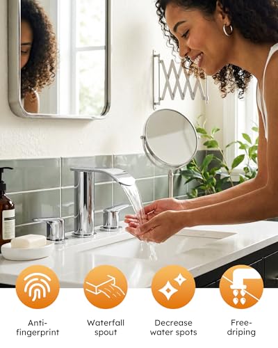 WOWOW Bathroom Faucets 3 Hole: Chrome 8 Inch Widespread Bathroom Sink Faucet Waterfall Spout, with Pop Up Drain and Water Supply, Suitable for Vanity Rv Commercial Lavatory Restroom - color: Chrome
