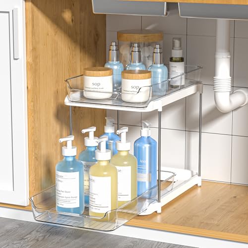 Delamu 2-Tier Multi-Purpose Bathroom Under Sink Organizers and Storage, Stackable Kitchen Pantry Organization, Pull Out Medicine Cabinet Organizer with Movable Dividers, White, 1 Pack - color: White, size: 1 Pack