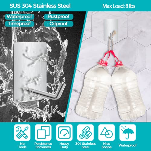 Adhesive Hooks Heavy Duty, Long Stainless Steel Self Adhesive Wall Hook, Sticky Towel Hangers for Kitchen Bathroom, Waterproof Stick on Door Hooks for Hanging Key Hat Coat 4Packs | Drill-free sticky hooks for kitchen, bathroom & door; hang towel, coat, ha
