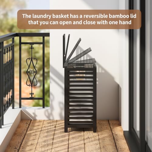 Laundry Hamper with Lid, Bamboo with Handles and Removable Liner Bag, 125L Laundry Basket for Bedroom, Bathroom & Laundry Room(Black) - color: Black