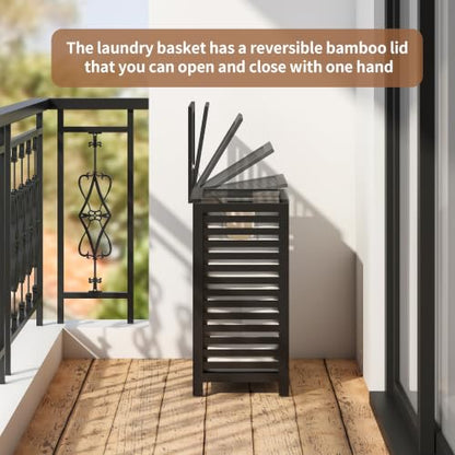 Laundry Hamper with Lid, Bamboo with Handles and Removable Liner Bag, 125L Laundry Basket for Bedroom, Bathroom & Laundry Room(Black) - color: Black