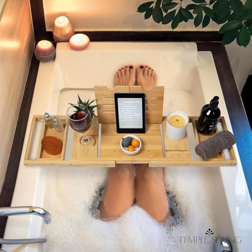 Foldable Bamboo Bathtub Tray Caddy for Tub — Expandable One-Piece Wood Bath Table with Wine Holder Book Stand and Non-Slip Pads — Space-Saving Bath Caddy — Housewarming - color: Foldable Wood Bamboo
