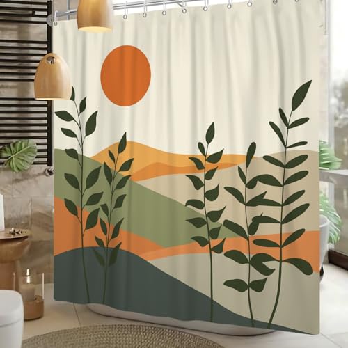Boho Mid Century Shower Curtain for Bathroom Modern Abstract Sun Botanical Leaves Bath Curtain Neutral Minimalist Plant Waterproof Fabric Bathroom Decor Set with Hooks 48x72 inch - color: Green Orange, size: 48"W x 72"L (Pack of 1)
