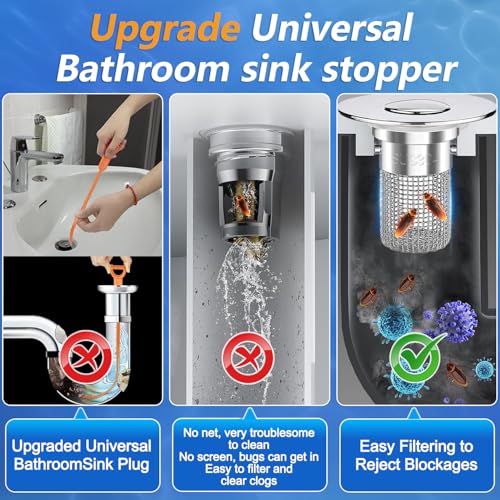Sink Stopper Hair Catcher, Pop-up Sink Drain Strainer with Removable Stainless Steel Strainer Basket Hair Catcher,Bathroom Sink Strainer for Bathroom Sink Stopper Replacement (2, Silver) - color: 2,upgrade Silver