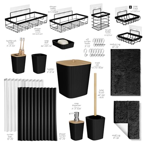 Clara Clark Bathroom Accessories Set - 27PC Bathroom Set with Adhesive Corner Shower Caddy Hanging, Bathroom Sets with Shower Curtain and Rugs, Black Shower Curtain Set with Bathroom Trash Can | 27 Piece Bathroom Sets with Shower Curtain and Rugs with Soa