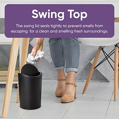 Superio Small Bathroom Trash Can with Lid, Modern Matte Black Mini Waste Bin with Swing Lid (1 1/2 Gallon, 6 Liter) Plastic Garbage Can for Kitchen, Bathroom, Bedroom, Office, Under Desk (1) - color: Black