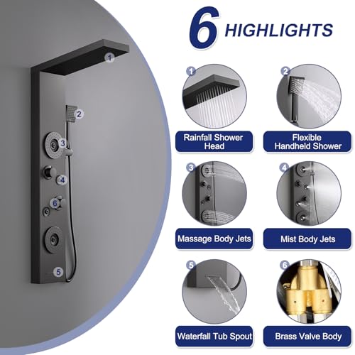 5 in 1 Rainfall Shower Panel Tower with Tub Spout, Matte Black | Stainless Steel Shower Column with 2-Setting Body Massage Jets, Flexible Handheld and Waterfall Tub Spout - color: Matte Black