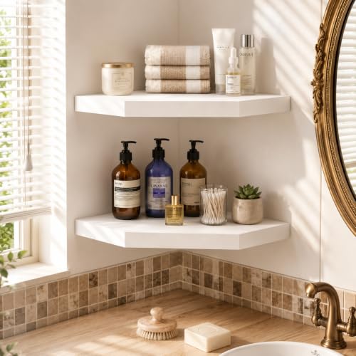 Floating Corner Wall Shelf, White MDF Display Shelf with Cable Management - color: White
