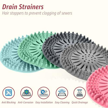 Inmorven Bathroom Sink Drain Strainers - 5 Pack Silicone Hair Catcher, Flexible Reusable Drain Protector for Shower, Bathtub & Sink