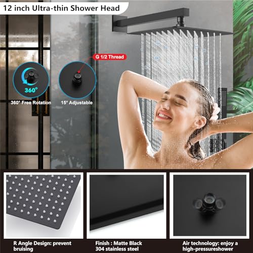 Midanya Shower Faucet Set with Handheld Sprayer,12 Inch,Matte Black | Rough-in Shower Valve and Trim Kit Included,Square Rain Head,Wall Mount Shower System,All Metal,Bathroom - color: Black, size: 12 Inch
