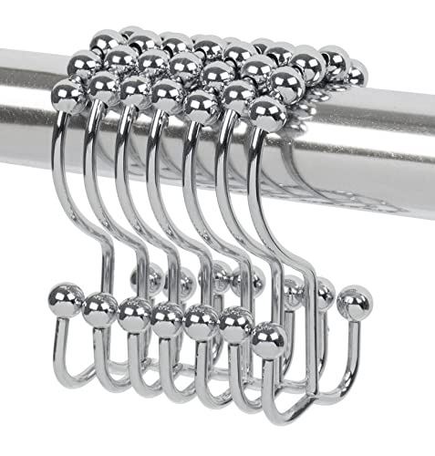 Double Side Roller Shower Curtain Hooks Rings, 12PCS | 100% Stainless Steel,Curtain Hooks Rings for Bathroom Shower Rods Curtains and Liners, Easy Glide Rollers, Polished Chrome - color: Polished Chrome