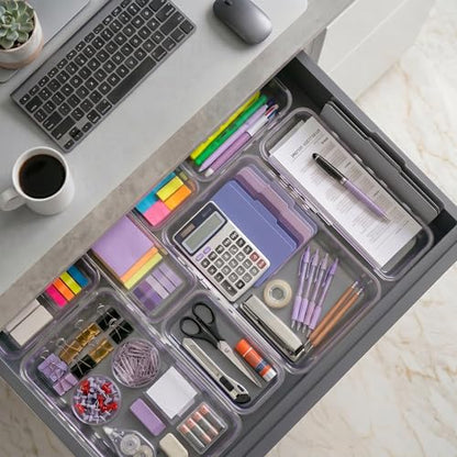 16 Pcs Extendable Clear Drawer Organizer|2-Size Expandable Drawer Dividers | Expanding Plastic Storage Boxes, Arcrylic Storage Bins for Vanity Makeup Drawer Dresser Kitchen Utensils DIY Desk Office - size: 16PCS