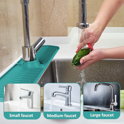 Extra Long Silicone Faucet Mat, 76cm Double-Sided Drain Pad for Kitchen Sink & Bathroom, Flexible Splash Guard with Center Hole, Non-Slip, Easy to Clean, Fits Most Faucets (Teal) - color: Teal